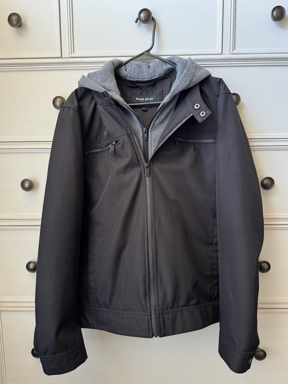 Black Rivet Men’s Black Jacket with Removable Grey Hooded Liner